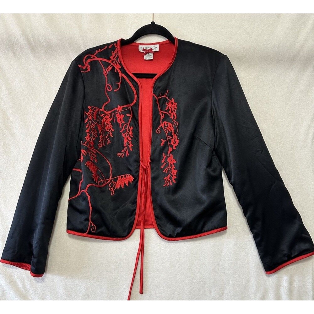 VTG Gruppo Americano Silk Embroidered Oriental Jacket Sz 8 Black Red Tie Front